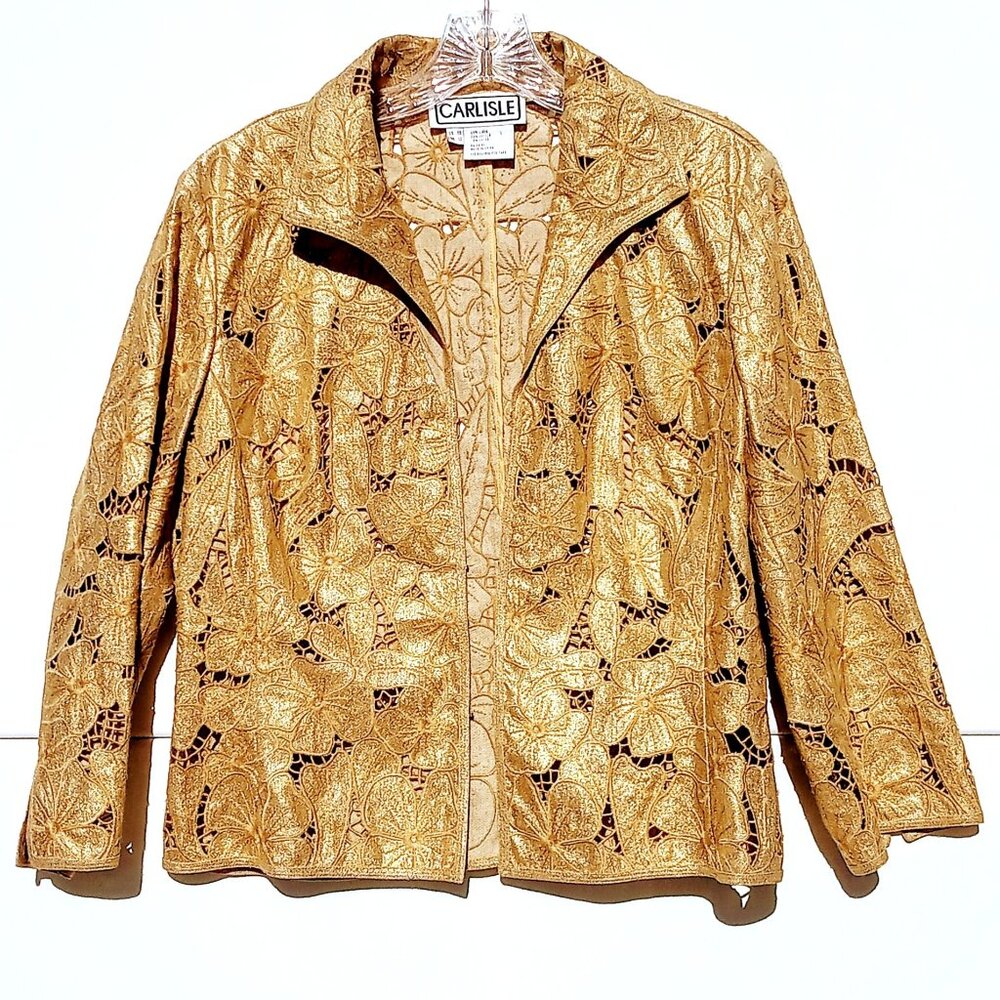 Carlisle Women's Collar Blazer Size 10 Gold Floral Lace Linen Blend 3/4 Sleeves